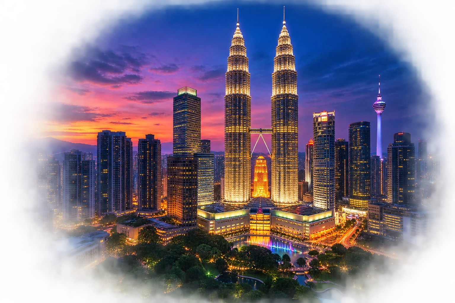 Kuala Lumpur skyline at dusk with the Petronas Towers lit up