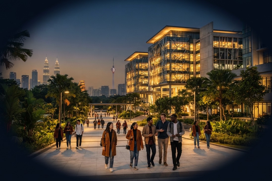 Students on a modern university campus in Malaysia